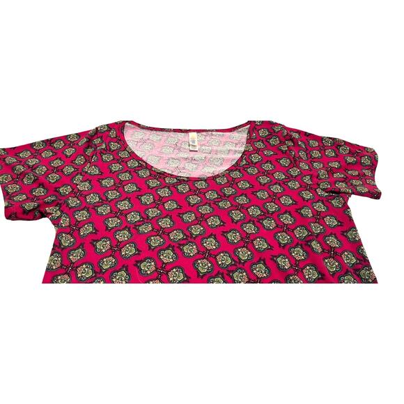 LULAROE SHORT SLEEVE PULL-OVER TOP, WOMENS, M, CRANBERRY & GREEN ABSTRACT, Hi-LO - Picture 3 of 10
